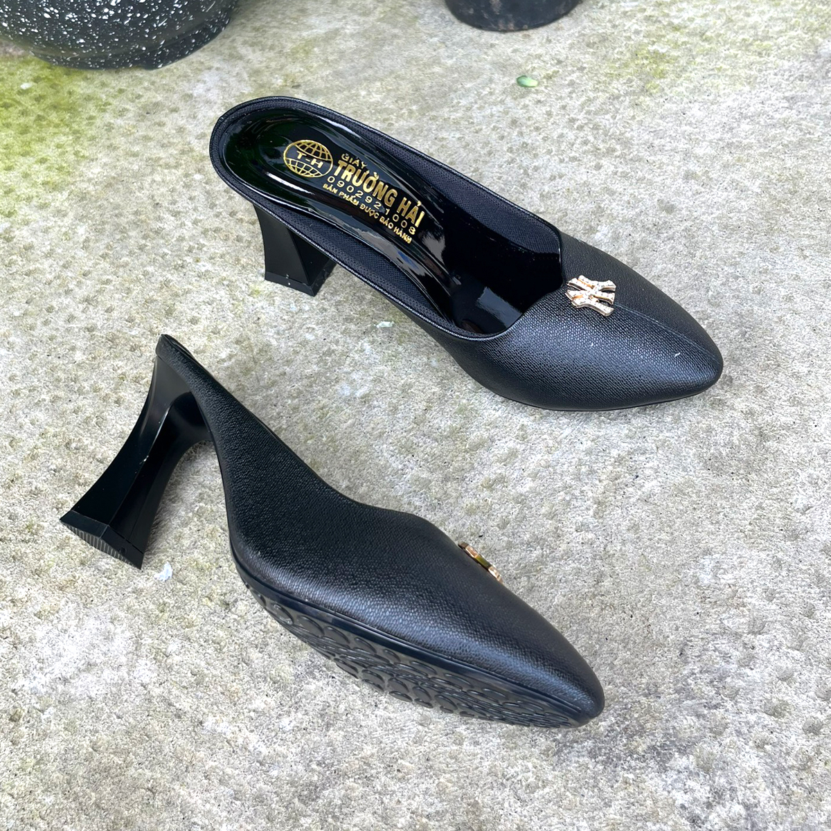 Giày Sục nữ cao gót 7cm  Trường Hải da mềm mại 2 màu đen, nâu  S116