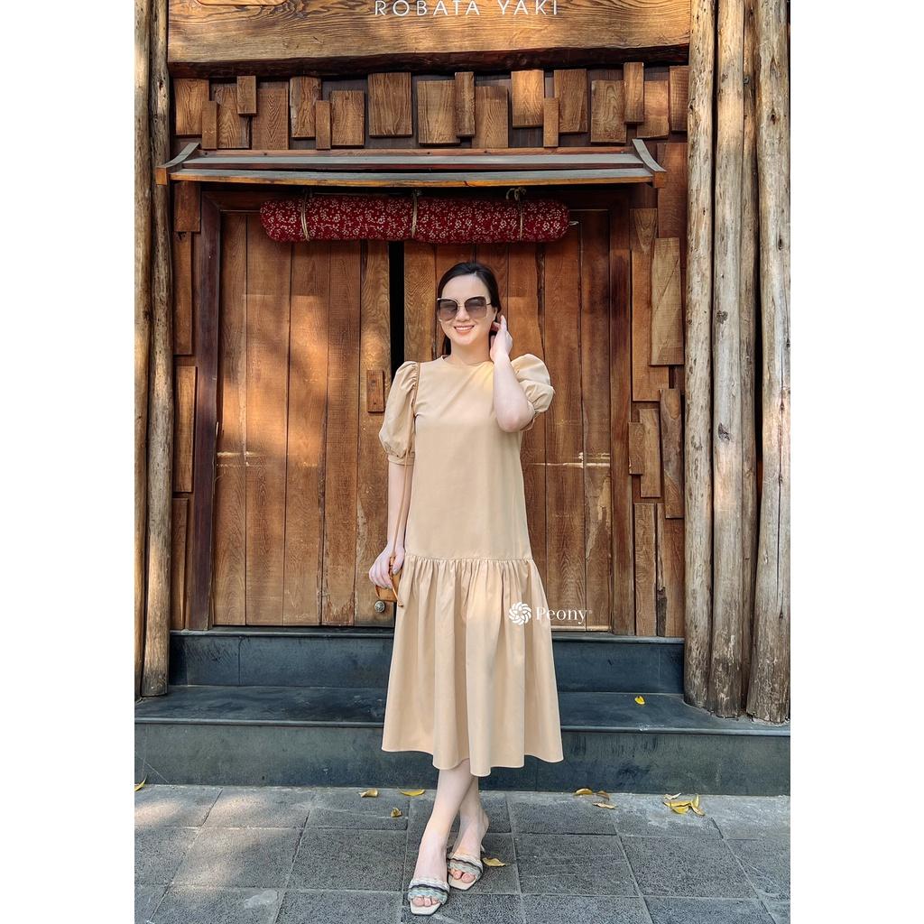 Váy A suông thoải mái, vai bồng rút tiểu thư, cổ tròn, tông be siêu nịnh da, kèm đai rời Peony - LAURIEL DRESS
