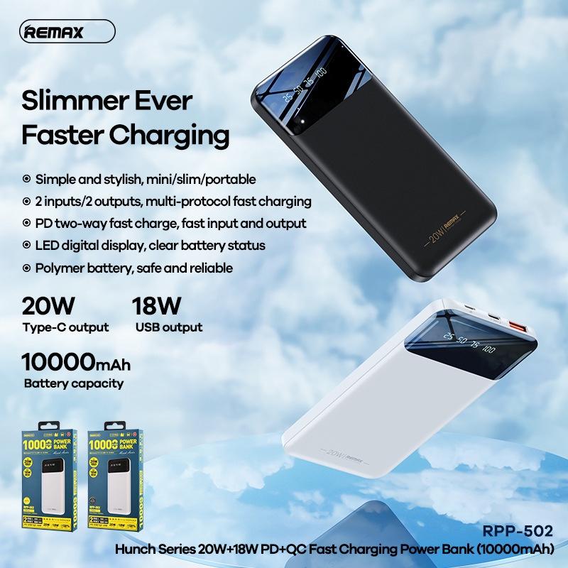 Pin dự phòng sạc nhanh Remax RPP-502 10000mAh siêu mỏng - hỗ trợ QC 18W và PD 20W (2 màu tuỳ chọn) - Hàng Chính Hãng