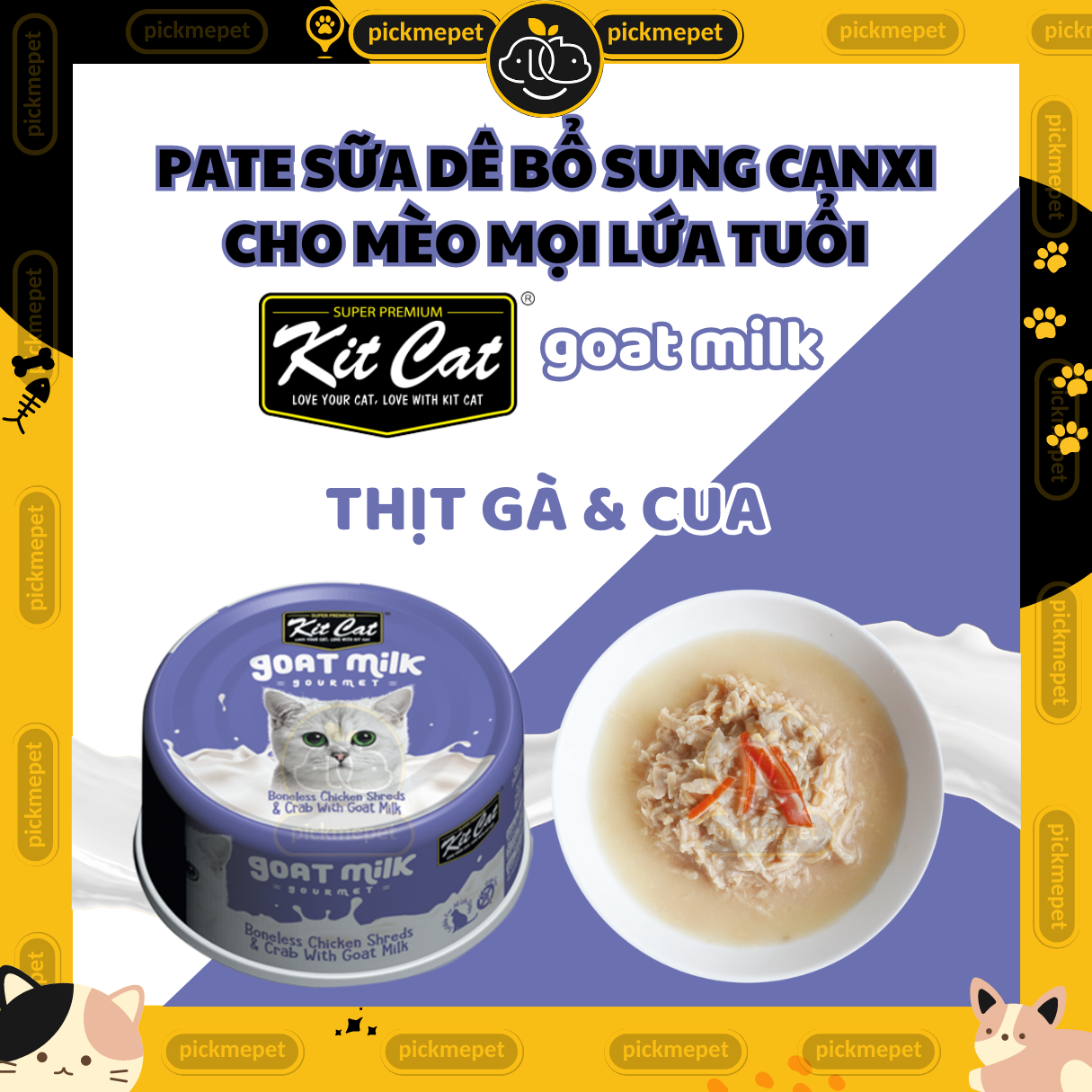 Pate Kit Cat - Pate KitCat Sữa Dê Bổ Sung Canxi Cho Mèo Mọi Lứa Tuổi (Lon 85g) - Gà &amp; Cá trắng