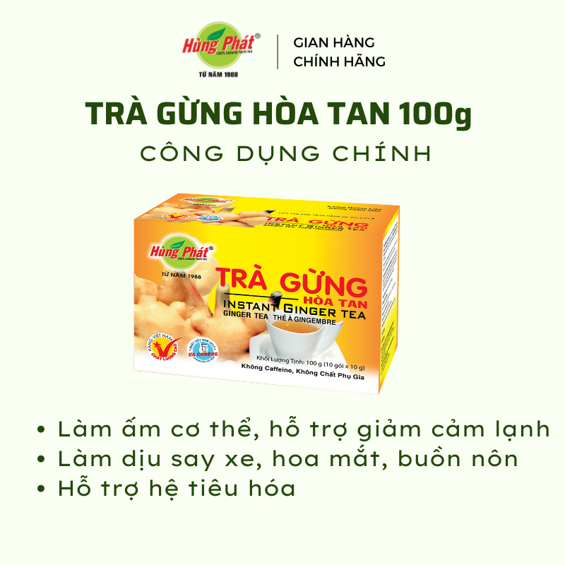 Trà Gừng Hòa Tan Hỗ Trợ Giảm Chóng Mặt Buồn Nôn Làm Ấm Cơ Thể Hộp 10 gói - Thương Hiệu Hùng Phát