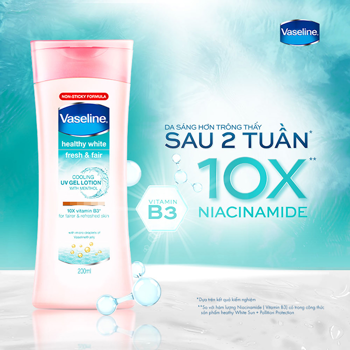 Sữa Dưỡng Thể 200Ml Vaseline Dưỡng Ẩm Sáng Da Fresh &amp; Bright 10X Niacinamide Giúp Da Sáng Khỏe Mịn Căng Tinh Chất Menthol Mát Lạnh Như Tuyết Tan Trên Da