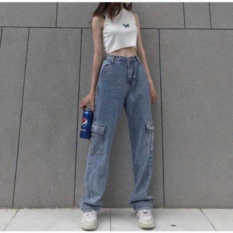Quần Baggy Jean Nữ Ống Suông Túi Hộp Hai Bên