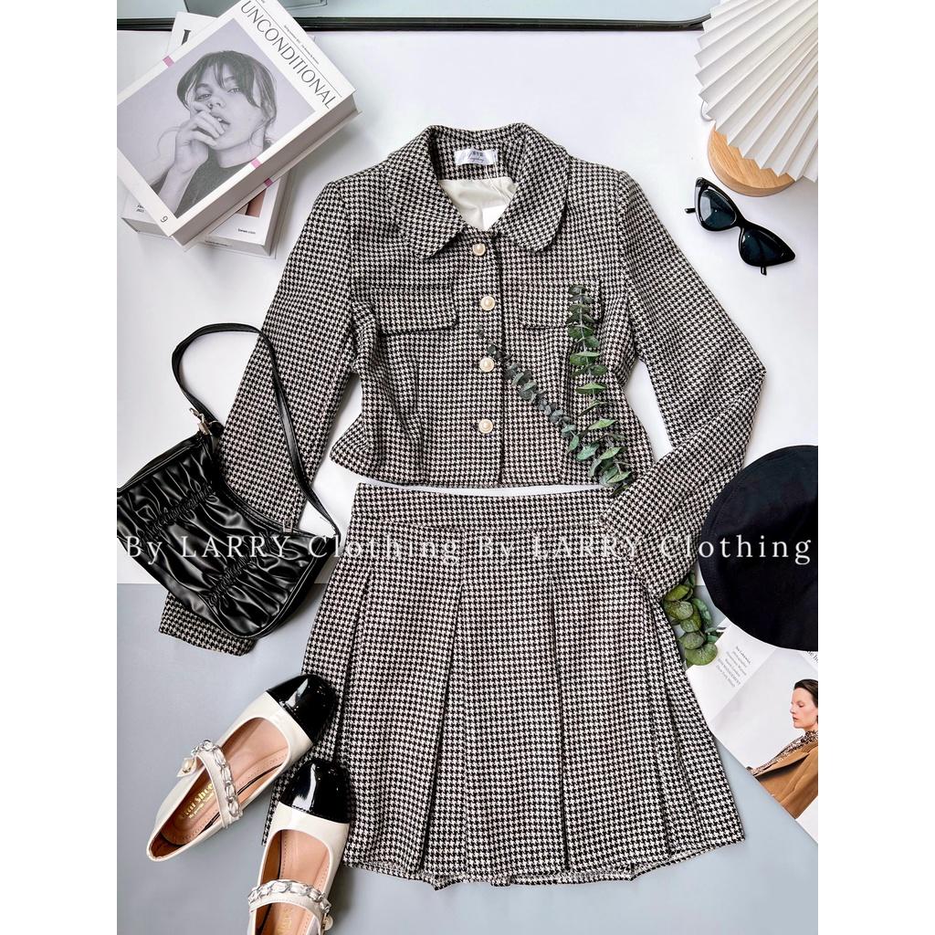 Set S376 Áo Khoác Dạ Tweed Đính Cúc Ngọc Chân Váy Ngắn Xếp Ly Larry Clothing