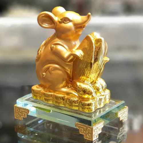 Tượng Chuột Vàng Ôm Bắp Vàng Trên Đế Thuỷ Tinh TM030 - Tài Lộc Dư Dả - Mẫu Chuột Hot năm Canh Tý 2020