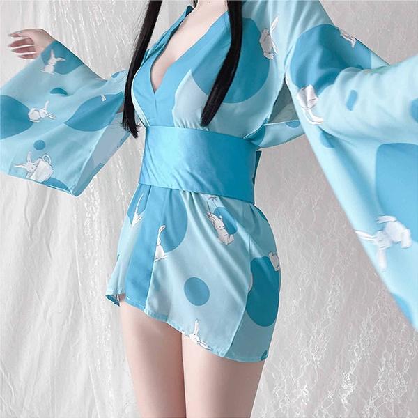 Áo chàng ngủ cosplay Kimono Nhật Bản xẻ ngực sexy quyến rũ đồ ngủ cao cấp phối hình bé heo thỏ đáng yêu BIKI HOUSE N743