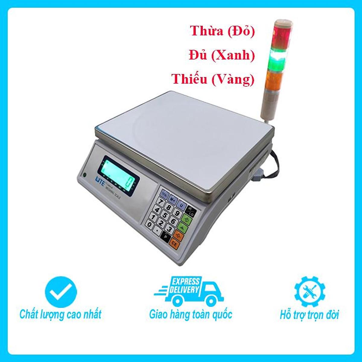 Bộ sản phẩm cân cảnh báo đèn còi gồm cân điện tử thông dụng UTE UWA-N mức cân 15kg, độ chia 0.5g và đèn HILOOK