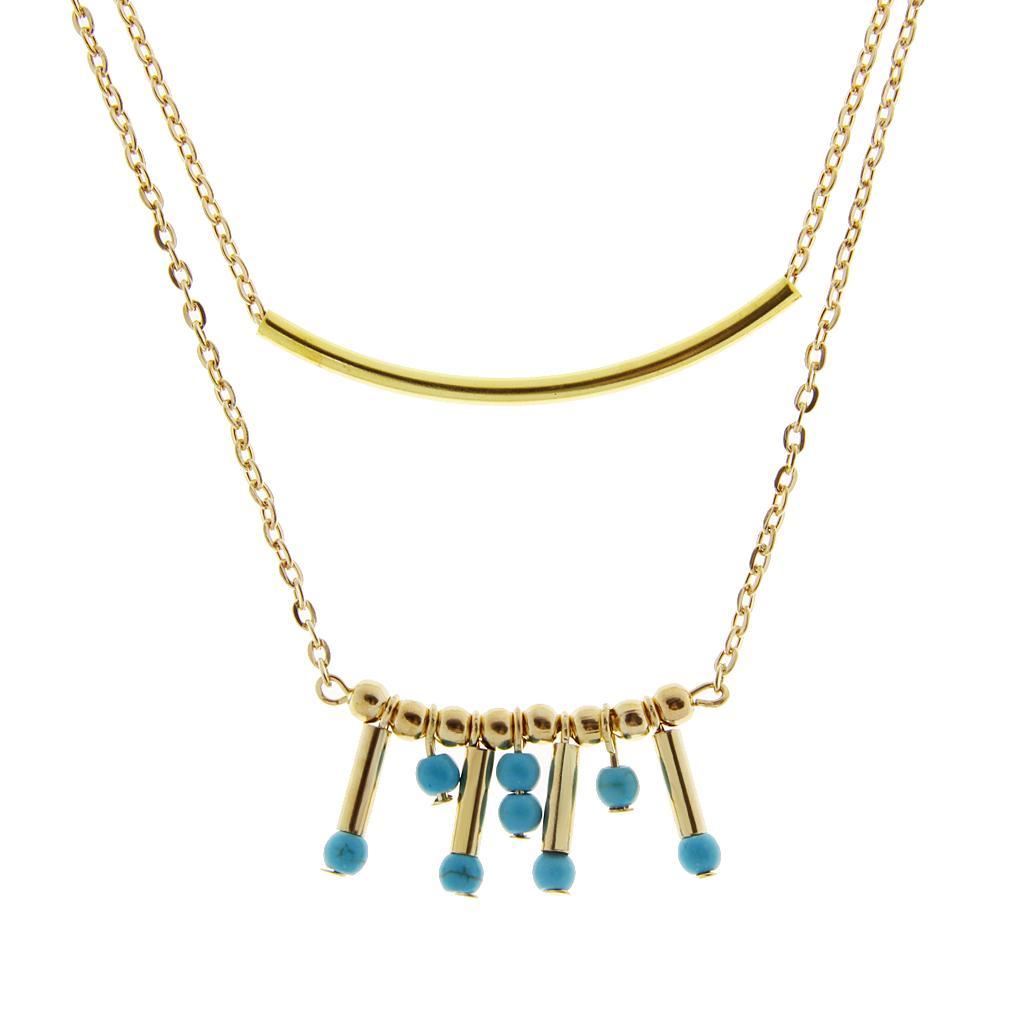 Double Layer Gold Necklace Chain With Turquoise Tube Bead Pendant Charm