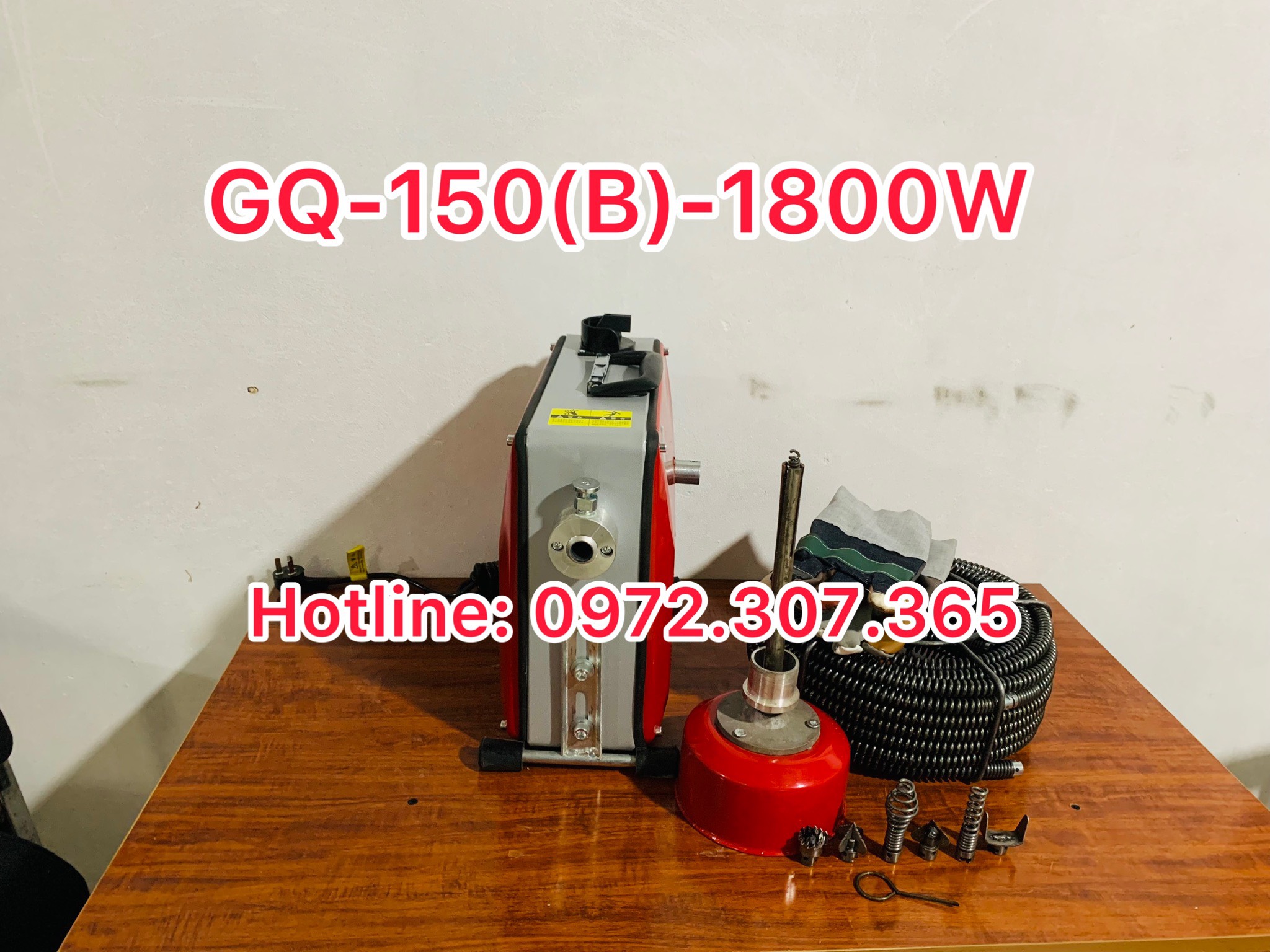 Máy thông tắc GQ-150-1800W tặng kèm cuộn dây lò xo đường kính 16mm dài 15m; dây phi 22mm dài 15m và 4,5m mét dây lò xo phi 8