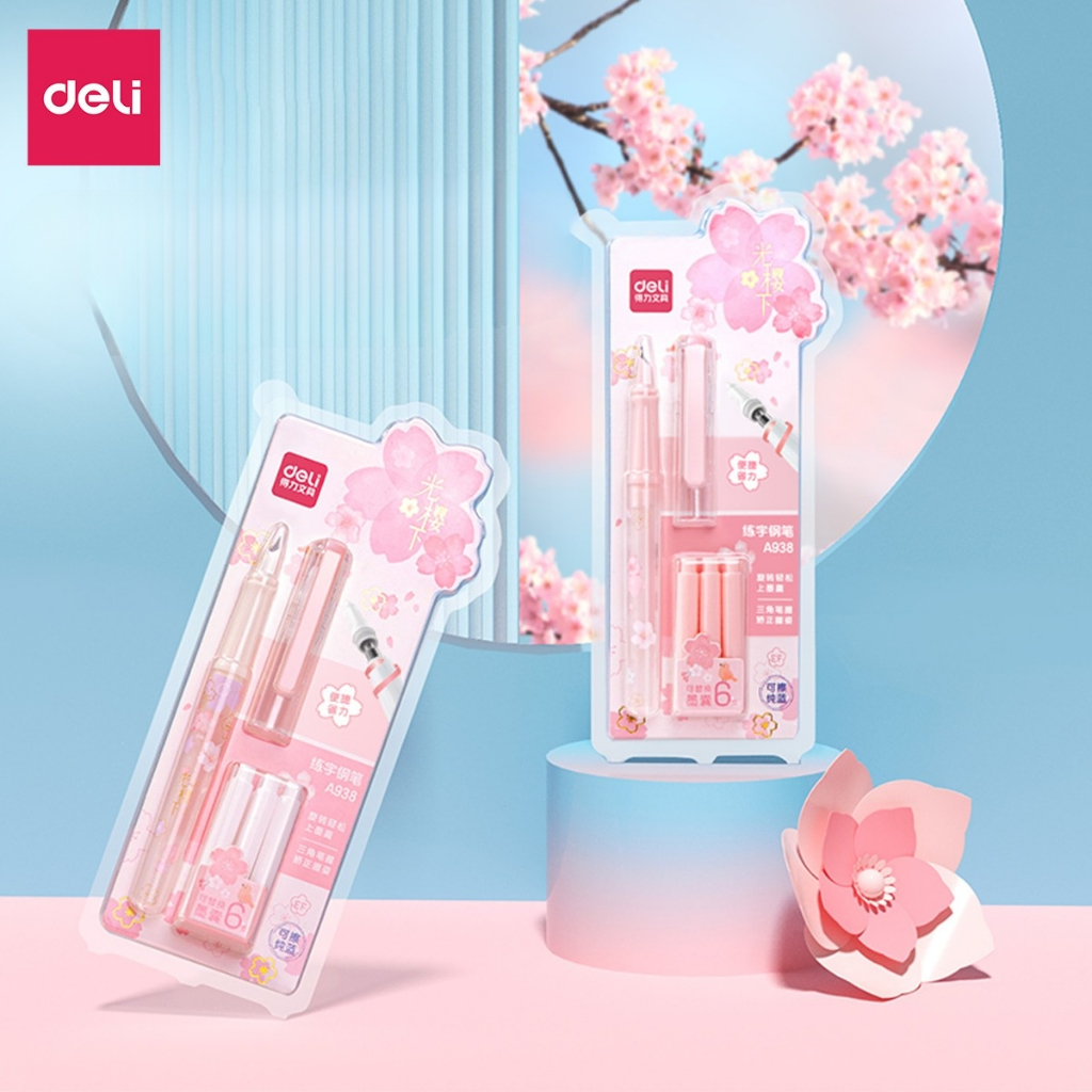 Bút Máy Học Sinh Cao Cấp Deli Bút Luyện Viết Chữ Đẹp -Tặng 1 Ống Mực- Cố Định Cách Cầm Nắm - Màu Pastel Xinh Xắn