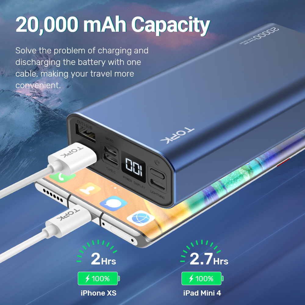 Sạc Dự Phòng Vỏ Kim Loại TOPK I2006 20000 MAh Sạc Dự Phòng Chính Hãng Cho Xiaomi Samsuang Samsung HUAWEI Oppo iPhone - Hàng chính hãng