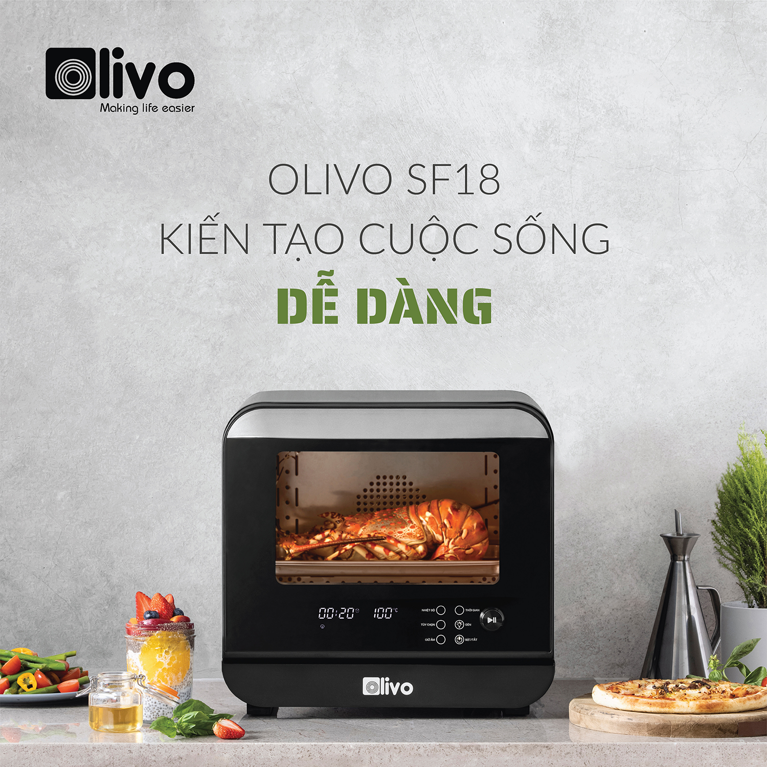 Nồi Chiên Hơi Nước OLIVO SF18 - 50 Chức Năng - Dung Tích 18L - Công Suất 2450W - Hàng Chính Hãng