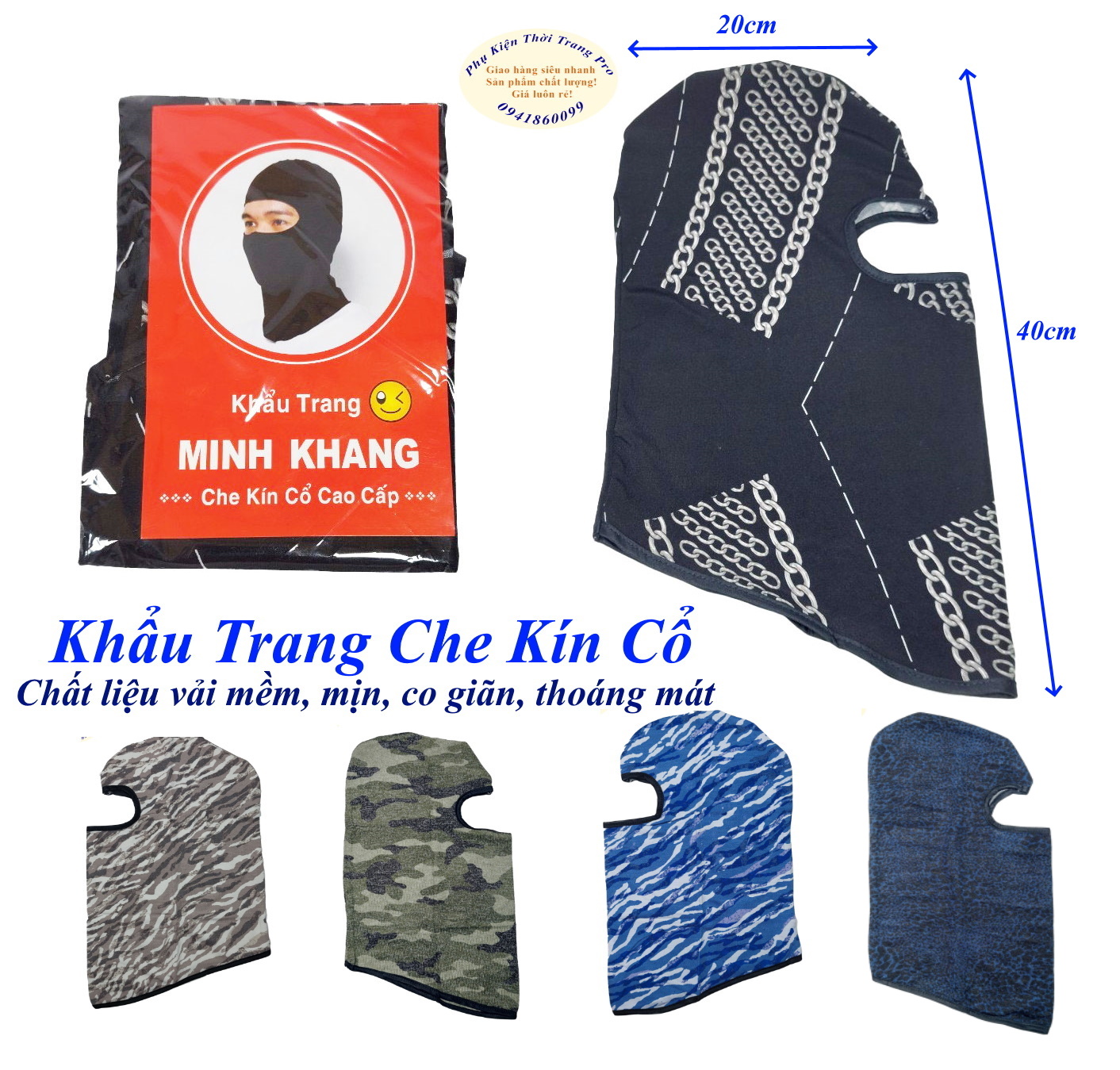 KHẨU TRANG TRÙM ĐẦU Kiểu ninja Chất liệu vải siêu mềm mịn Co giãn Chống nắng Chống bụi Thương hiệu MINH KHANG