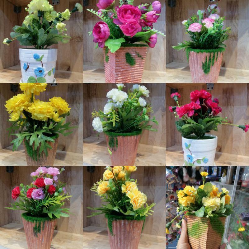 CHẬU HOA ĐỂ BÀN TRANG TRÍ, HOA LỤA
