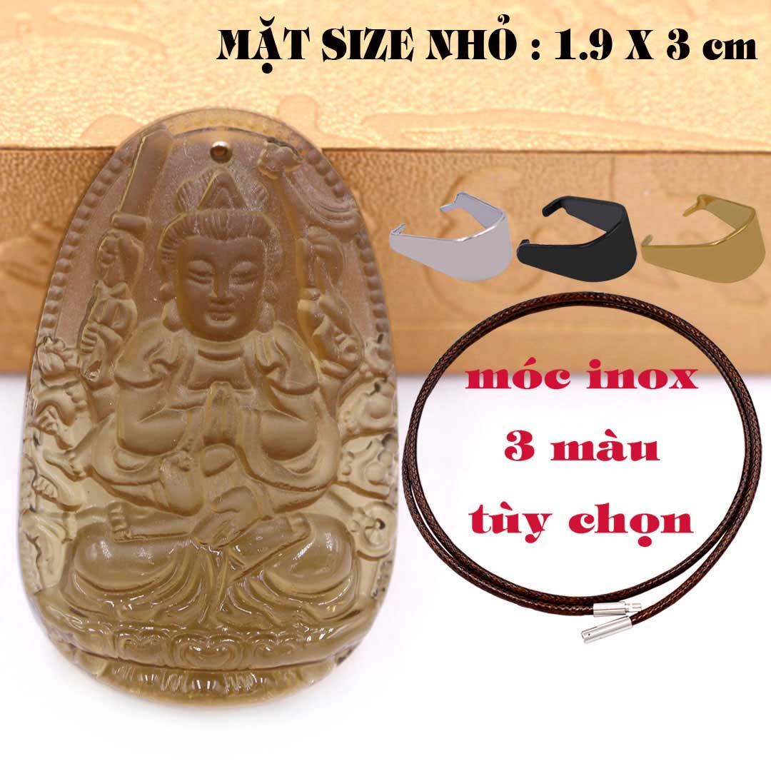 Mặt Phật Quan âm nghìn tay nghìn mắt đá obsidian  1.9cm x 3cm  kèm vòng cổ dây cao su nâu + móc inox vàng, Mặt Phật Quan âm