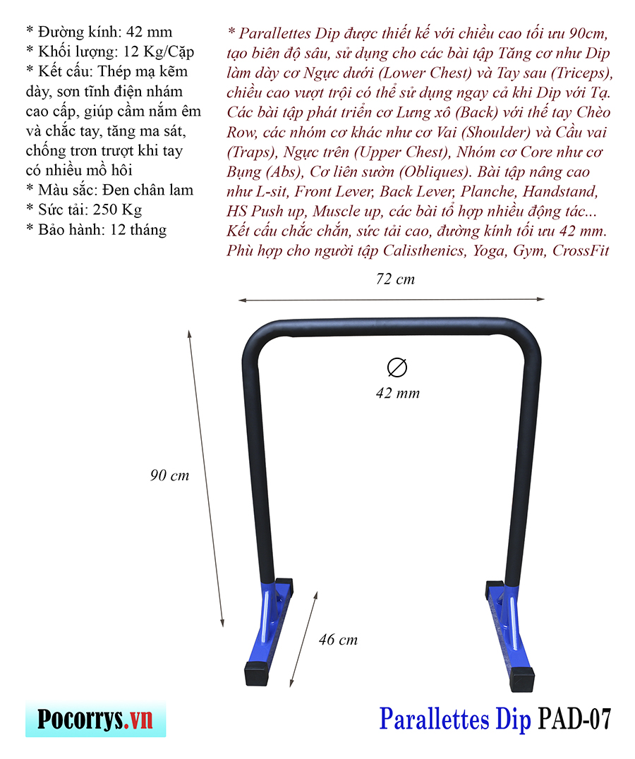 Xà kép Parallettes Dip cao 90cm, Pocorrys PAD-05, Màu đen đỏ