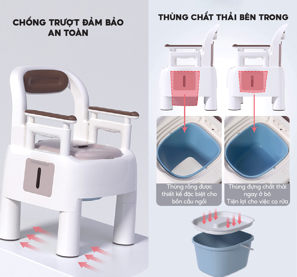 Bô vệ sinh người già Babyhop làm từ nhựa nguyên sinh chịu lực 960KG dễ dàng vệ sinh 2 chế độ chân