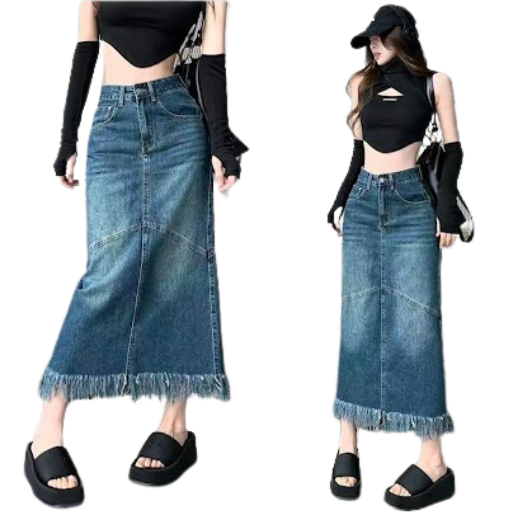Chân váy Jean Dáng Dài Gấu Tua MODSLY Phong Cách Hàn Tạo Điểm vẻ Đẹp Cá Tính JA002
