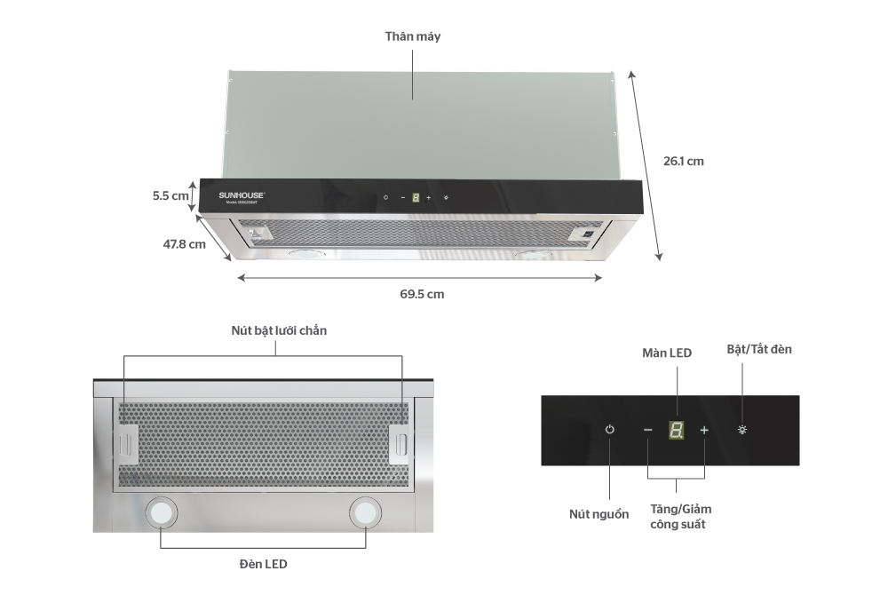 Máy hút mùi âm tủ Sunhouse SHB6288MT - Hàng chính hãng