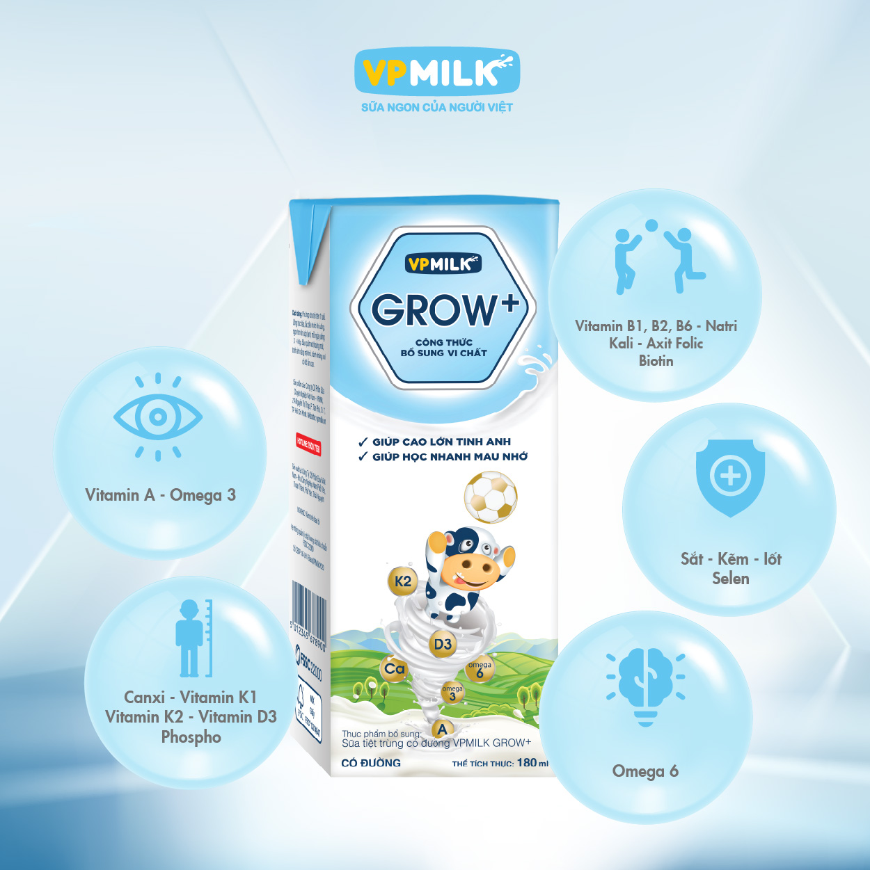 Sữa Tiệt Trùng Có Đường VPMilk Grow+ Hộp 180ml (Thùng 48 Hộp)