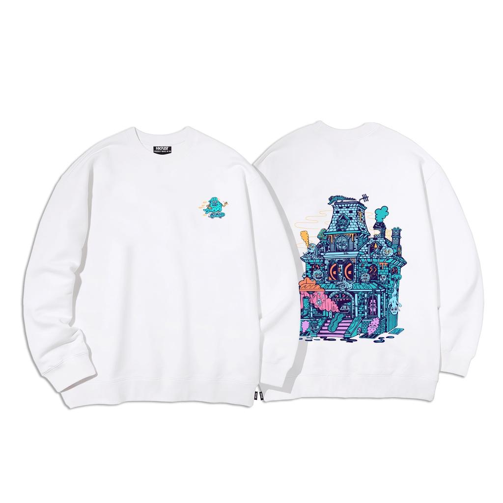 Áo sweater nam nữ local brand NIGUST 88 Spook House N212 chất liệu nỉ da cá form rộng màu đen trắng Fullbox