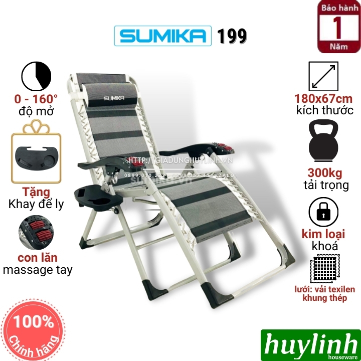 Ghế xếp thư giãn SUMIKA 199 - có lăn tay massage, khung vuông cao cấp, tải trọng 300kg