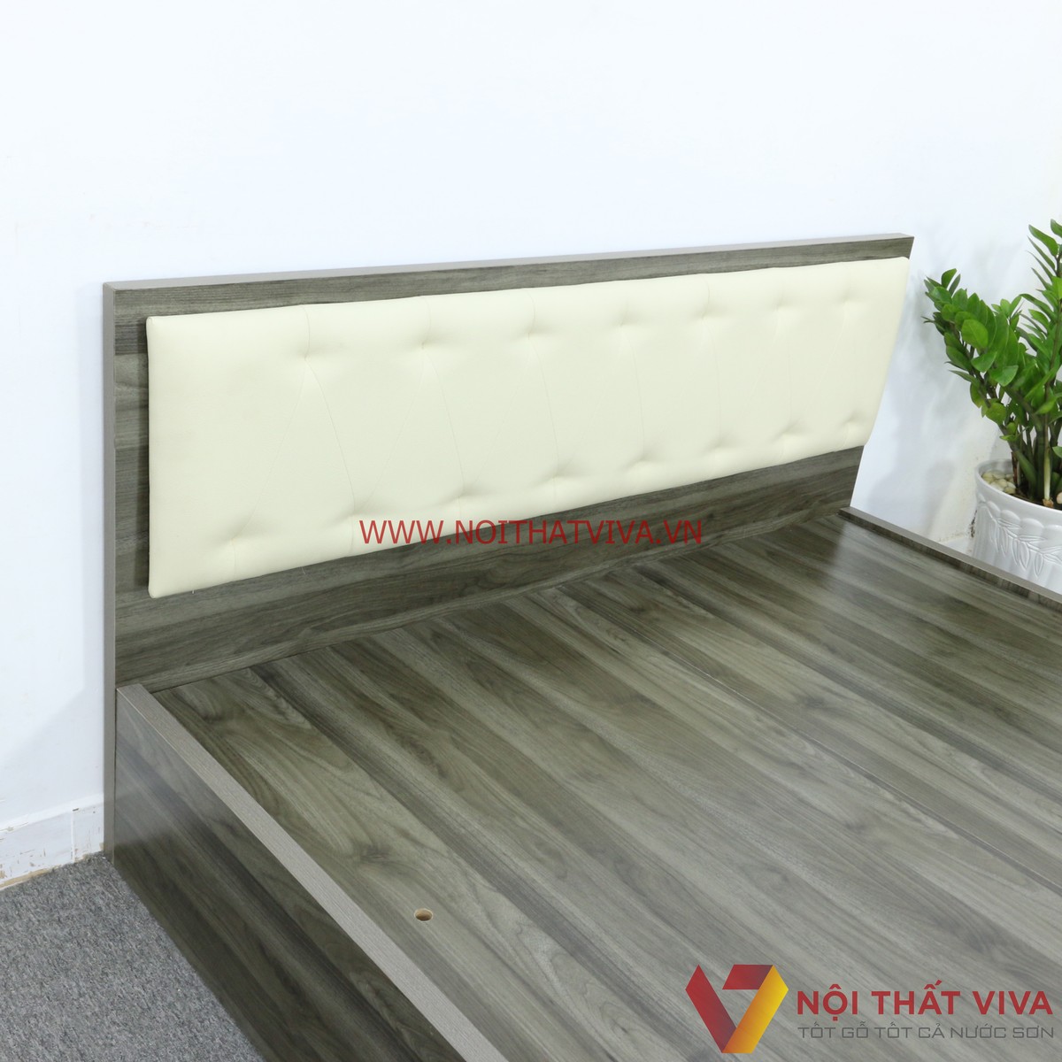 Giường Ngủ Gỗ MDF Melamine Màu Xanh Rêu Vân Gỗ Có Đầu Nệm Kem Đẹp Hiện Đại