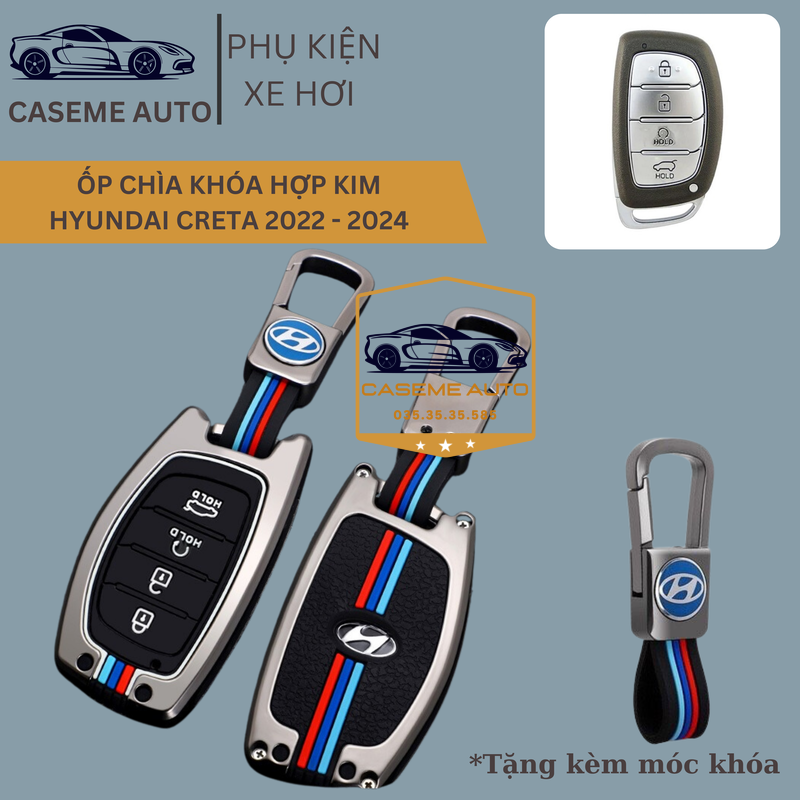 Ốp Chìa Khóa Hyundai Creta 2022 - 2024 Chất Liệu Hợp Kim, Kèm Móc Treo Cao Cấp - Hàng Nhập Khẩu