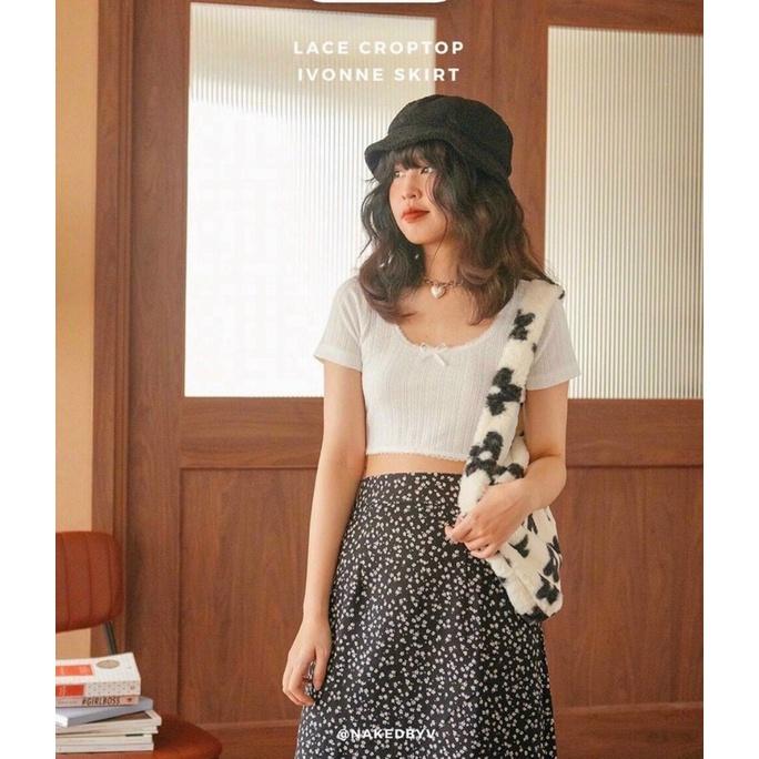 Set Áo Crop Trắng Thêu Nổi + Chân Váy Midi Hoa - Kèm Ảnh Thật