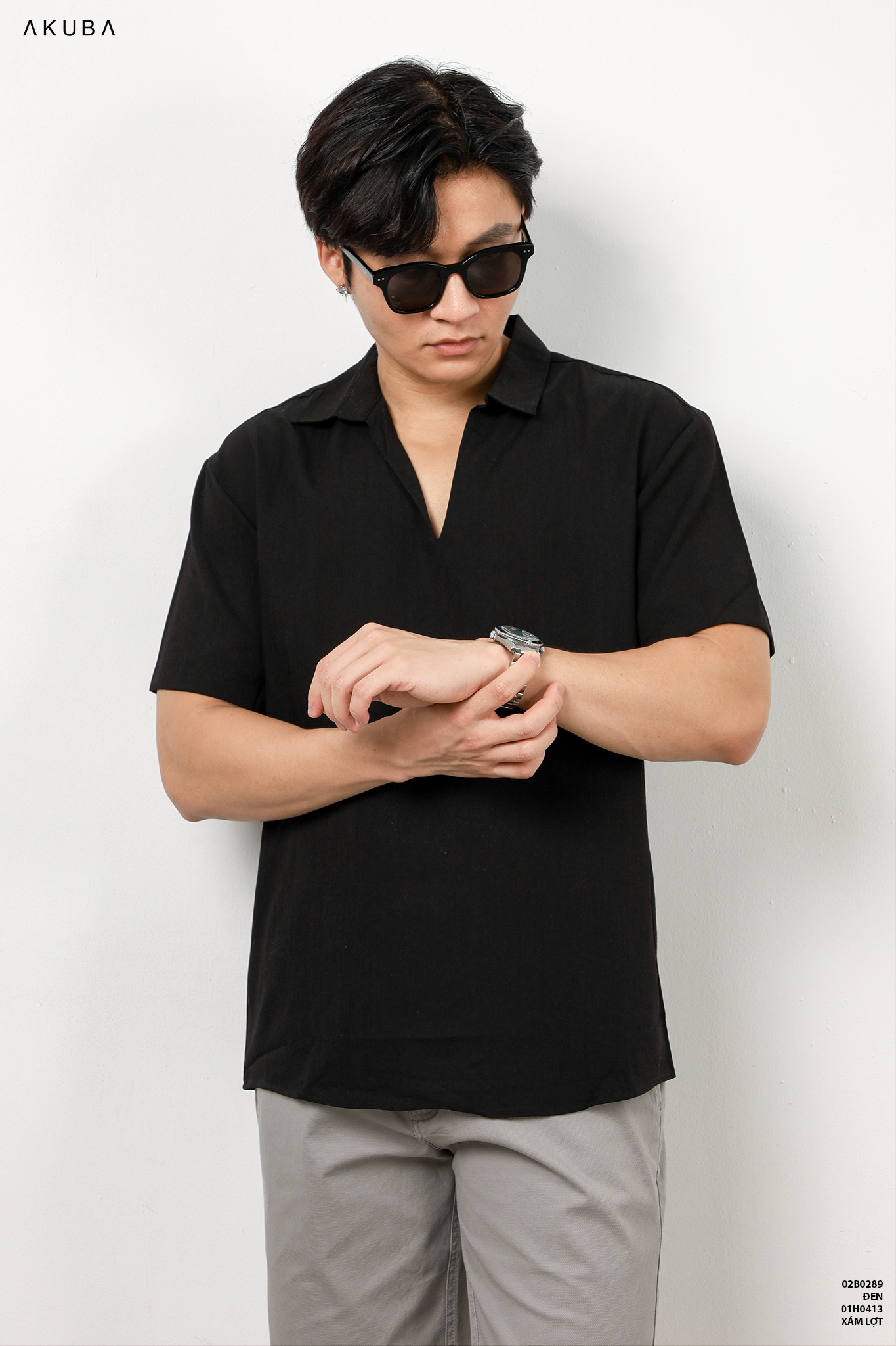 Áo linen nam có cổ tay ngắn trơn AKUBA form regular, vải linen nhẹ, thấm hút cực tốt, thân thiện môi trường 02B0289