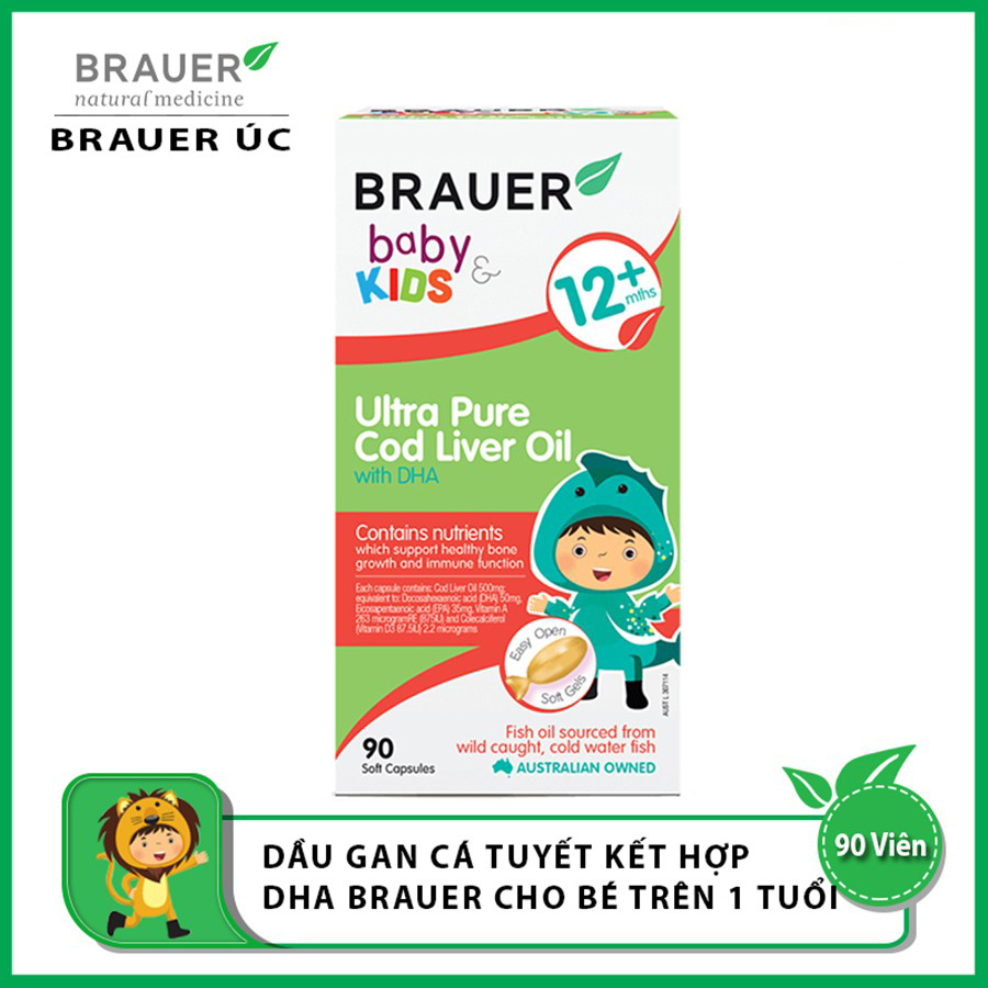 Viên mềm Dầu gan cá Tuyết tinh khiết và DHA Brauer Baby &amp; Kids Ultra Pure Cod Liver Oil with DHA cho bé trên 1 tuổi (90 viên) - Nhập khẩu Australia