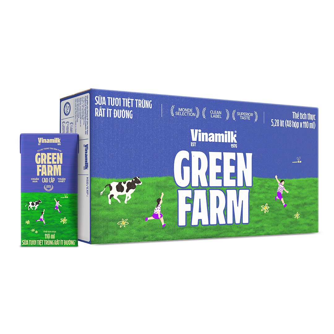 Thùng 48 Sữa Tươi Tiệt Trùng Vinamilk Green Farm - Sữa Tươi 100% Ít Đường 110ml