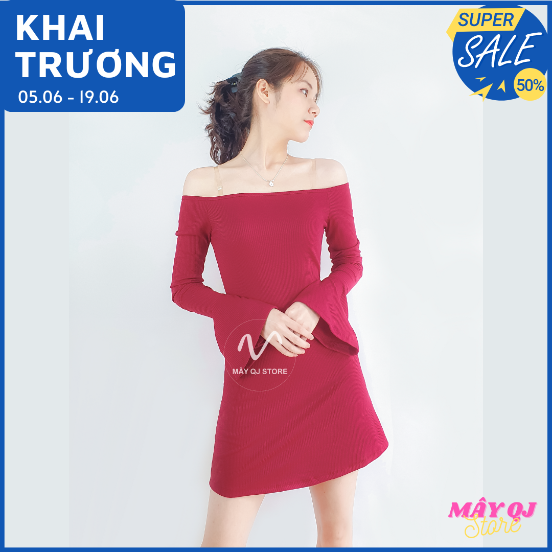 Đầm Body Trễ Vai Nữ Ôm Dáng Chữ A Tay Dài Xòe Chất Vải Thun Gân Mềm Mịn Quyến Rũ Sang Trọng Freesize <58kg