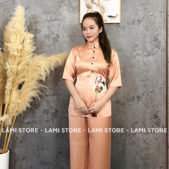 Đồ lam đi chùa nữ bộ lễ phục lụa đẹp thiết kế cao cấp đính hạt ngọc may mắn màu hồng trang nhã sang trọng LAMI STORE V17