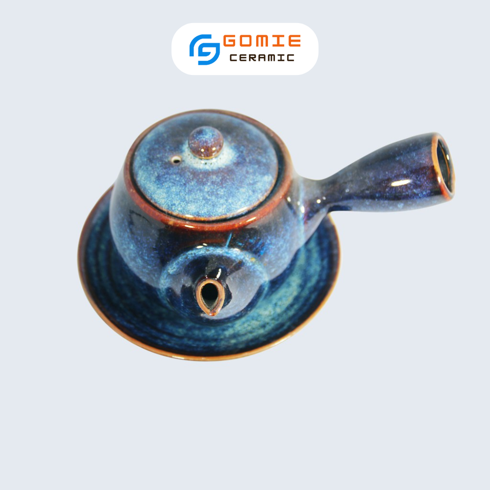 Ấm Trà Kiểu Nhật Men xanh hỏa biến - Ấm trà có tay cầm dài men hỏa biến - Gốm sứ cao cấp Bát Tràng