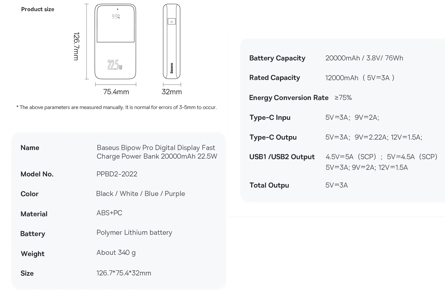 Pin sạc dự phòng 22.5W 20000mAh Baseus Bipow PRO PPBD2-2022 - Hàng chính hãng