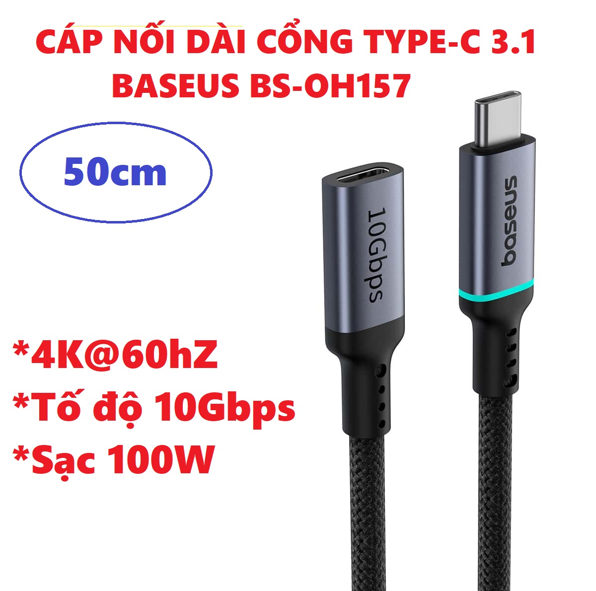 Dây cáp nối dài type C 4K@60Hz tốc độ 10Gbps Baseus High Definition BS-OH157 - Hàng chính hãng