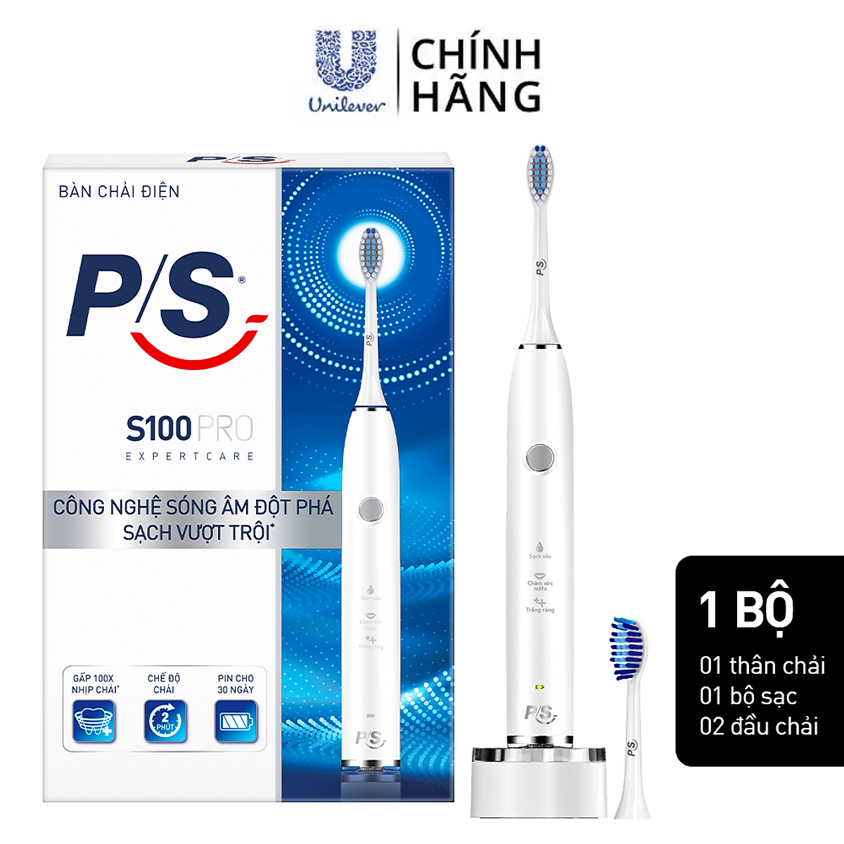 Bàn Chải Điện P/S S100 PRO - Công Nghệ Sóng Âm, Chải Sạch Mảng Bám Tới 10X - Trắng Sáng
