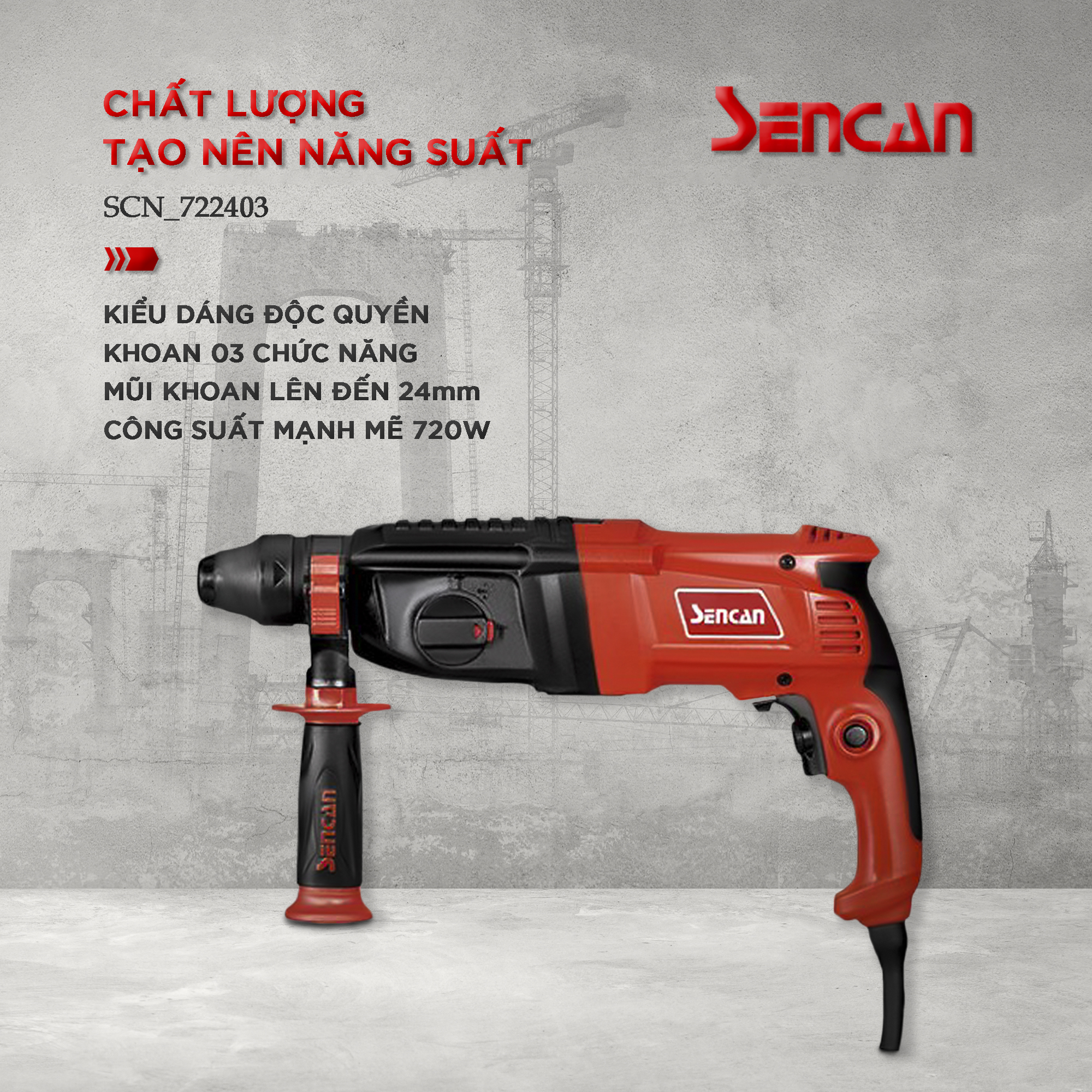 Máy khoan bê tông 3 chức năng 24mm Sencan 722403