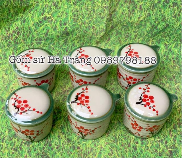 Bộ cốc làm caramen gốm sứ Bát Tràng cao cấp vẽ hoạ tiết đào đỏ