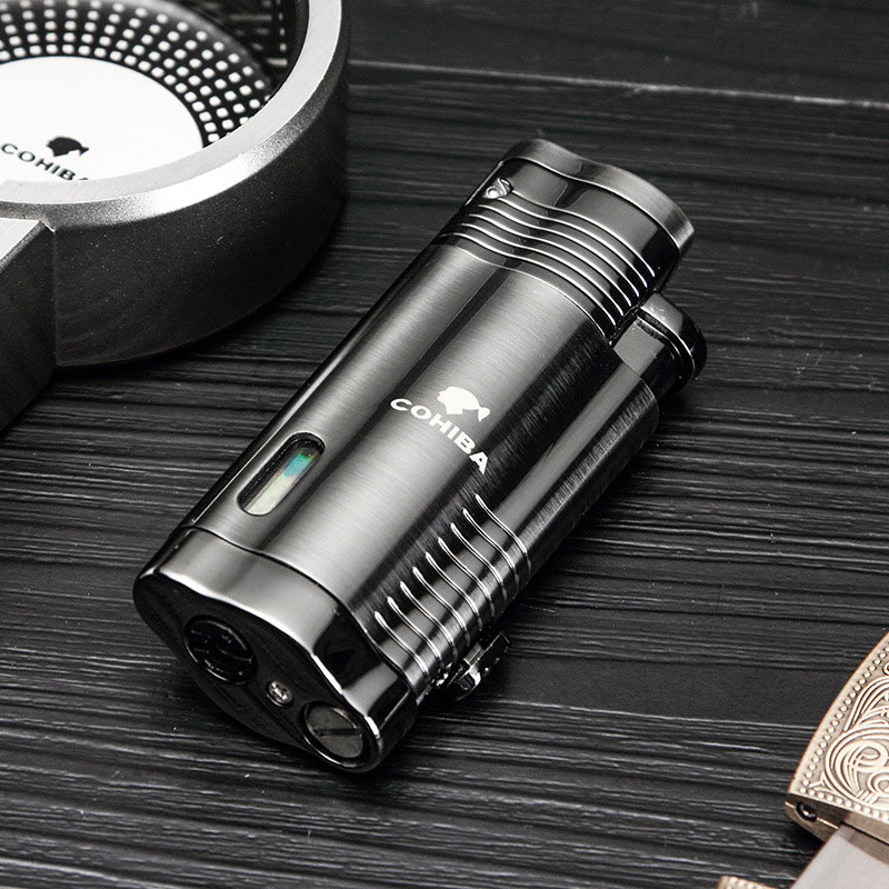 Bật lửa Cigar 3 tia màu bạc đen bằng inox cao cấp - Khò cigar 3 tia có hộp làm quà biếu tặng sếp