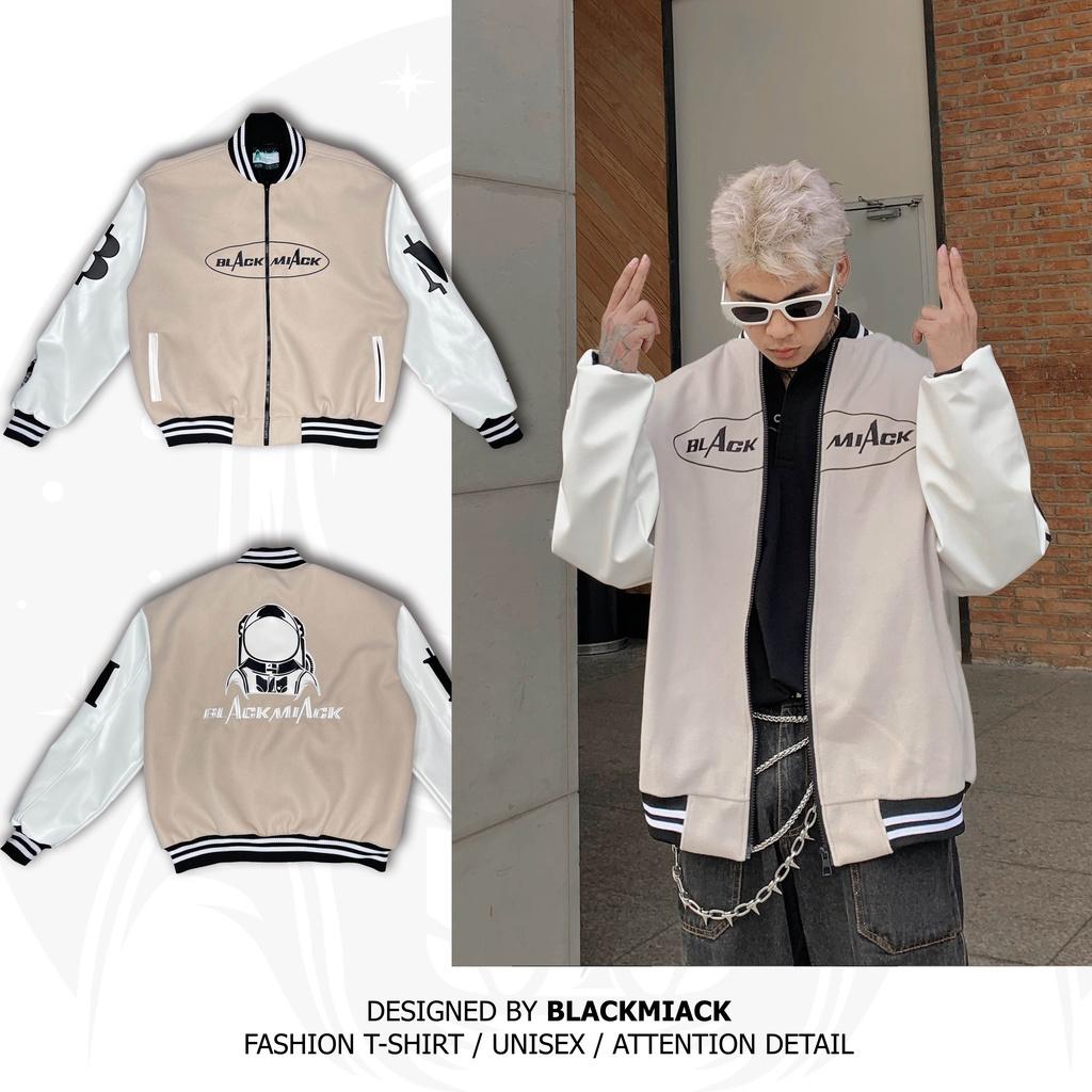 Áo Khoác Bomber Varsity Nỉ Dạ, tay Da, Full Thêu BLACKMIACK Varsity Jacket BM1