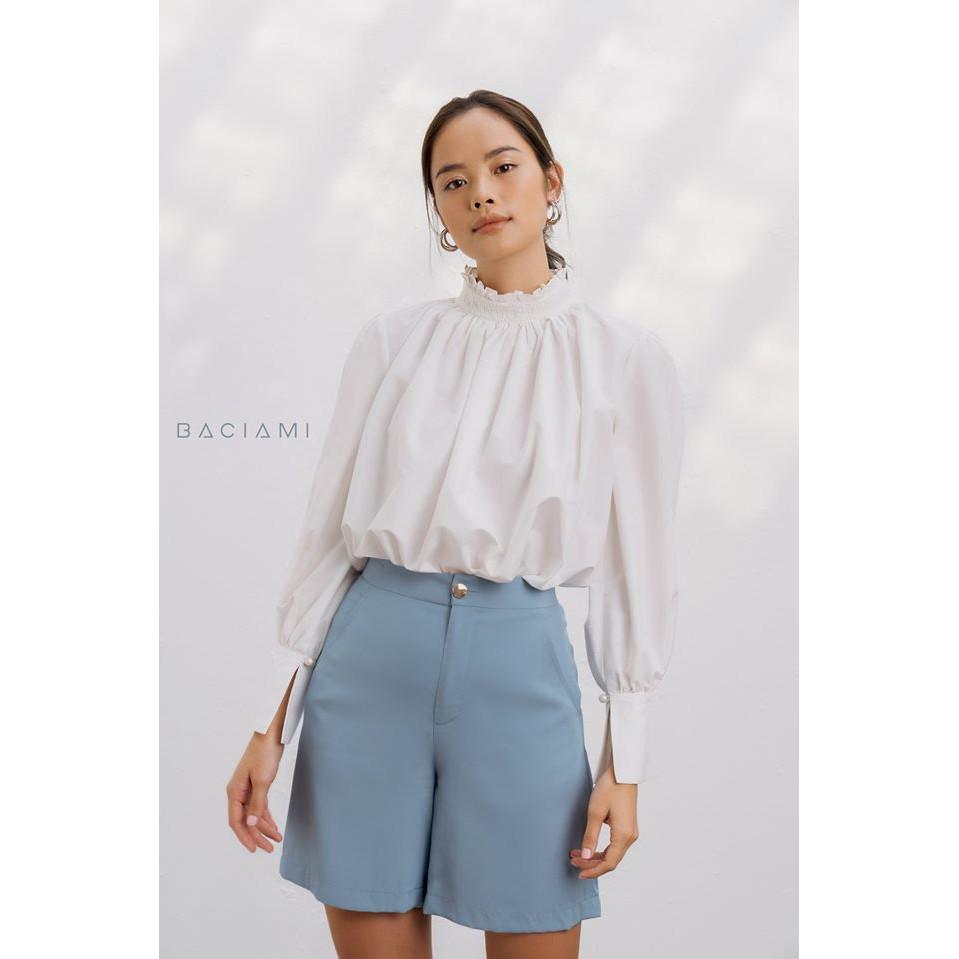 Baciami-Áo Trắng Cổ Lọ Nhún Bèo