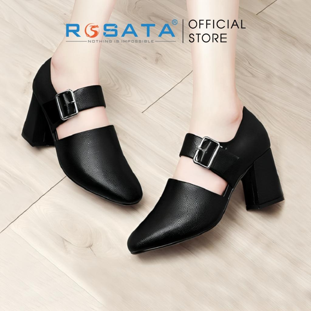 Giày boot ROSATA RO224 bốt nữ cổ thấp mũi nhọn quai cài khóa ngang dây to gót cao 7cm màu đen xuất xứ Việt Nam - Đen