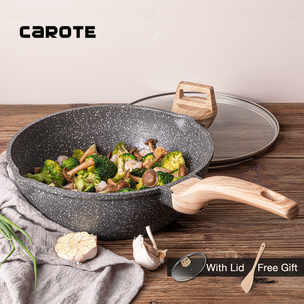 Chảo sâu lòng chống dính Carote Essential Woody Frying Wok 24/28/30/32cm Chảo sâu lòng có nắp Phủ chống dính