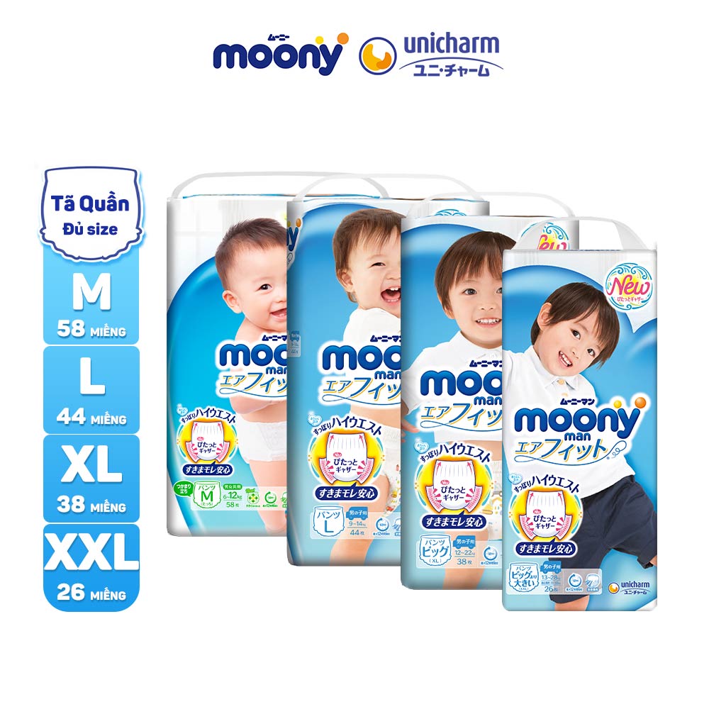 Tã/Bỉm Quần Cao Cấp Moony Size M58, L44 (BOY/GIRL), XL38 (BOY/GIRL), XXL26 (BOY/GIRL)