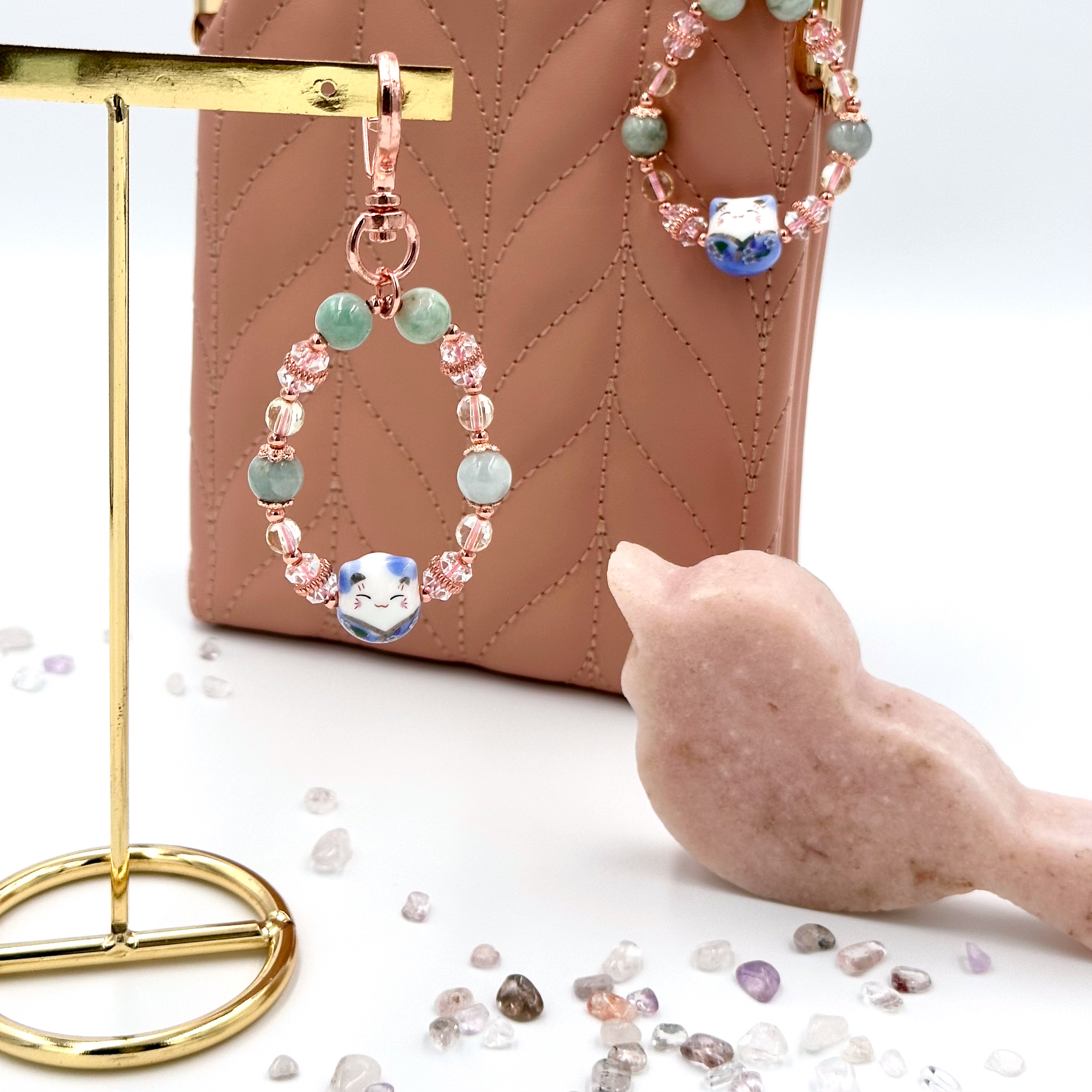 CRZ Bag Charm - Phụ Kiện - Blue Porcelain Cat With Jadeite - Móc Khóa Vòng Tay Đá Ngọc Thạch Kèm Charm Mèo Xanh Bằng Sứ