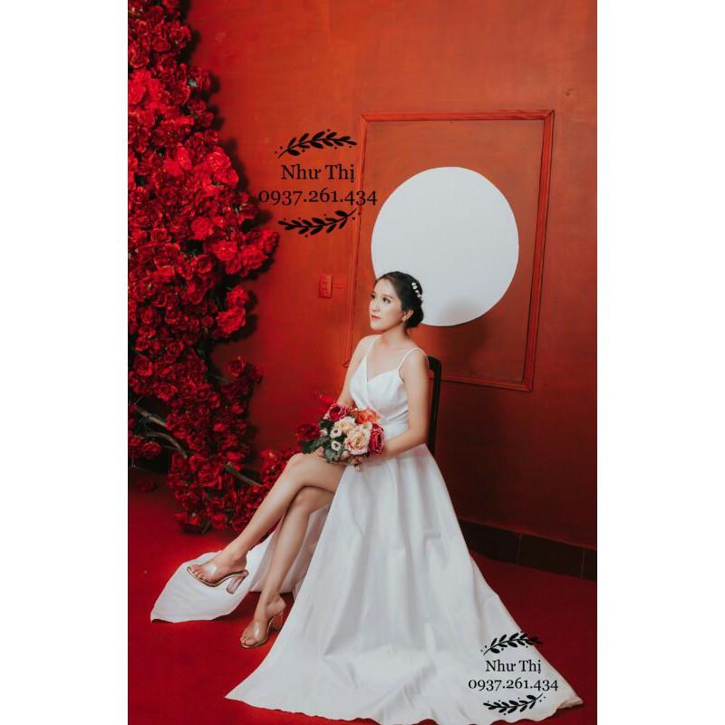 (miễn phí chỉnh váy) đầm dạ hội cưới hai dây xẻ tà váy cưới cô dâu Hàn Quốc đơn giản giá rẻ chụp ảnh cưới đi bàn