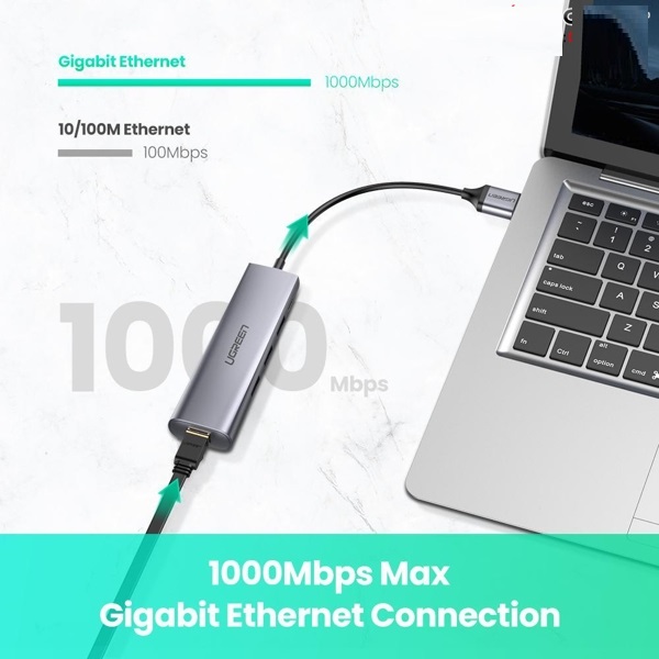 Hub USB 3.0 ra 3 cổng USB 3.0 + Lan Gigabit 1000Mbps Ugreen 60812 cao cấp hàng chính hãng