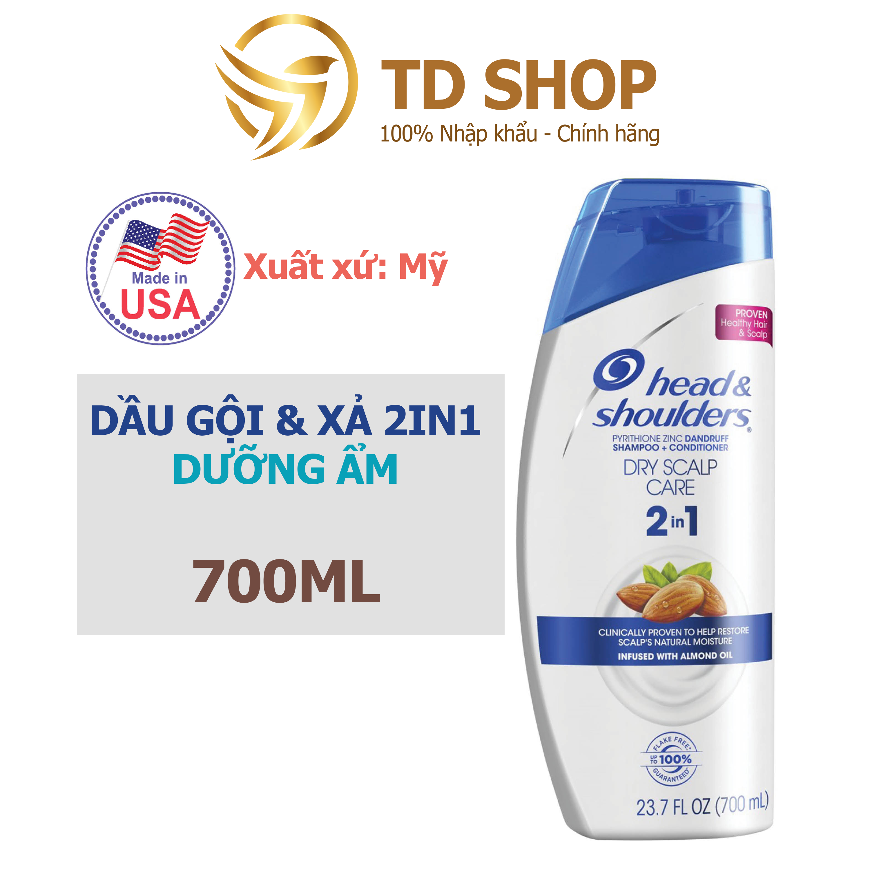 [NK Mỹ] Dầu gội và xả 2in1 Head&amp;Shoulders 700ml nhập Mỹ Classic clean I Hạnh Nhân I Smooth&amp;Silky  - TD Shop